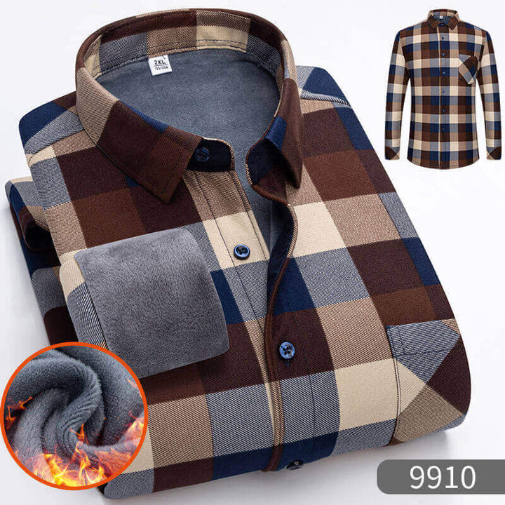 Men's Plaid Flannel Shirt with Pocket and Fleece Lining, Multiple Styles Available - AIGC-DTG