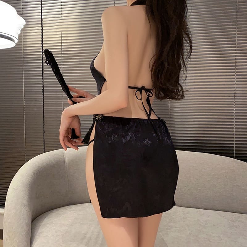 Hollow-Out Retro Frog Button Split Backless Lace-Up Cheongsam Uniform Set for Women