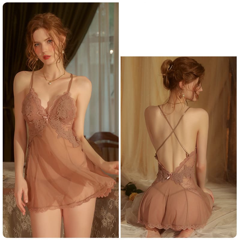 Sheer Backless Camisole Nightdress – Embroidered Lace Lingerie Sleepwear