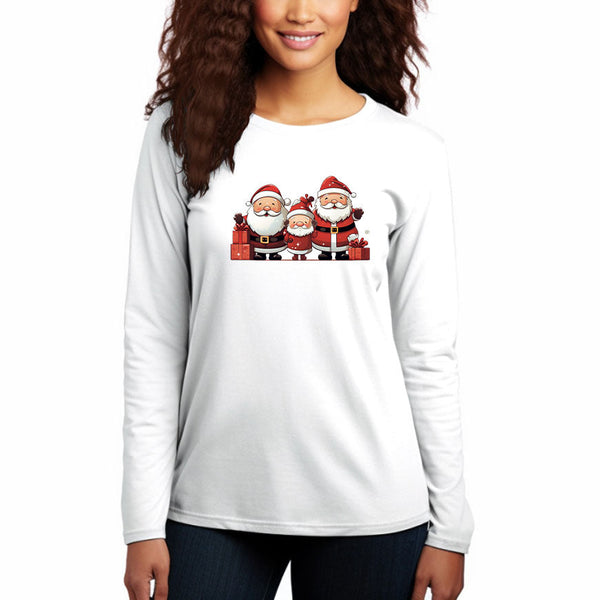 Women's Long Sleeve Cotton Crew Neck Long Sleeve T-Shirt Three Santa Claus pattern - AIGC-DTG