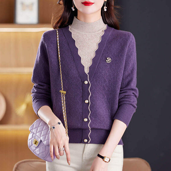 Women's Knitted Fake Two-Piece Bottoming Shirt-Color Block Turtleneck Sweater - AIGC-DTG