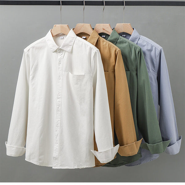 Men's Autumn Pure Cotton High Grade Casual Solid White Polo Long Sleeve Pocket Shirt - AIGC-DTG