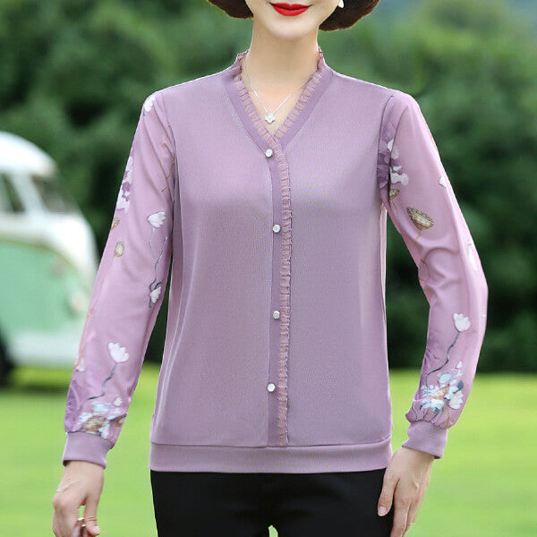 Women's autumn long sleeved ruffled V-neck versatile T-shirt - AIGC-DTG