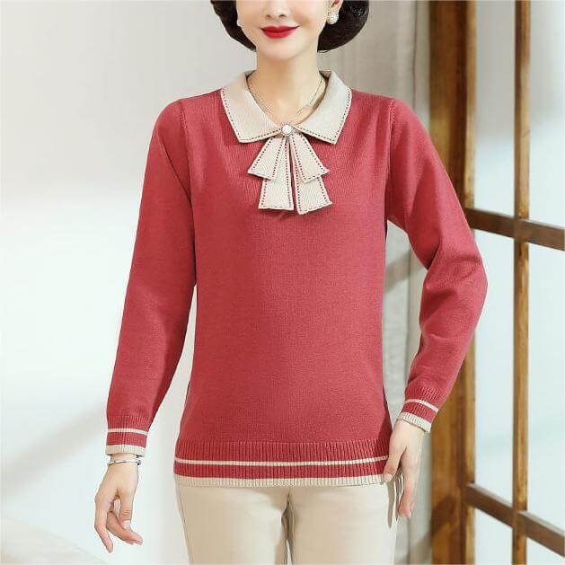 Autumn/Winter Women's Style Lapel Bow Knit Sweater - AIGC-DTG