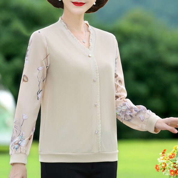 Women's autumn long sleeved ruffled V-neck versatile T-shirt - AIGC-DTG