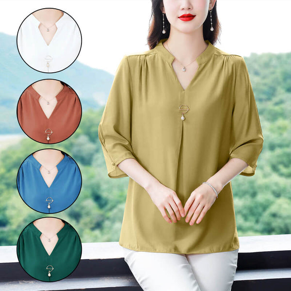 Women's Chiffon V-Neck Blouse with 3/4 Sleeves - AIGC-DTG