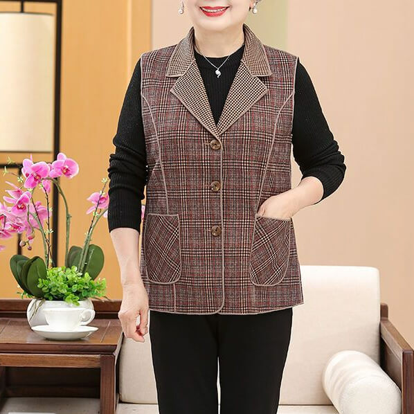 Autumn Checked Vest Suitable For Elderly Women With Pockets - AIGC-DTG