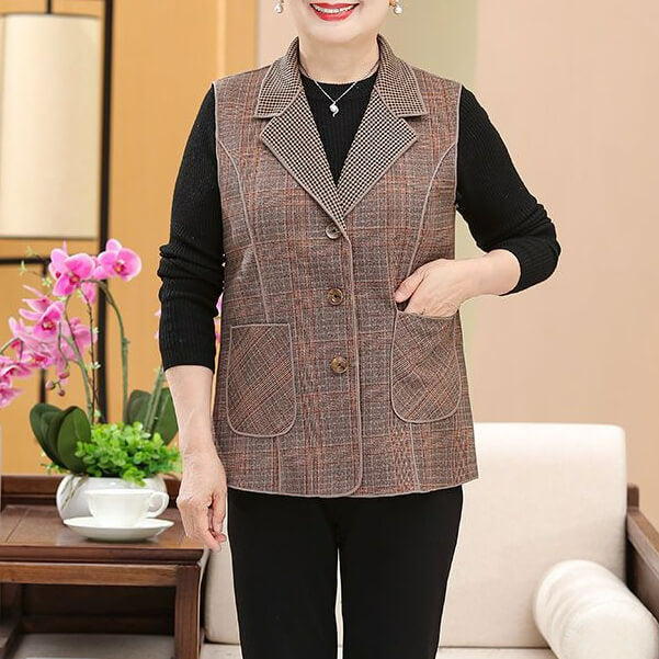 Autumn Checked Vest Suitable For Elderly Women With Pockets - AIGC-DTG