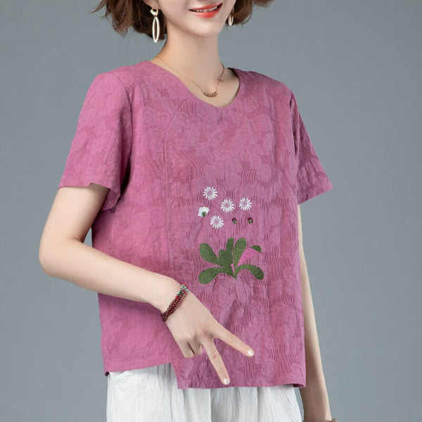 Women's Round Neck Embroidered Short Sleeved Jacquard Shirt - AIGC-DTG