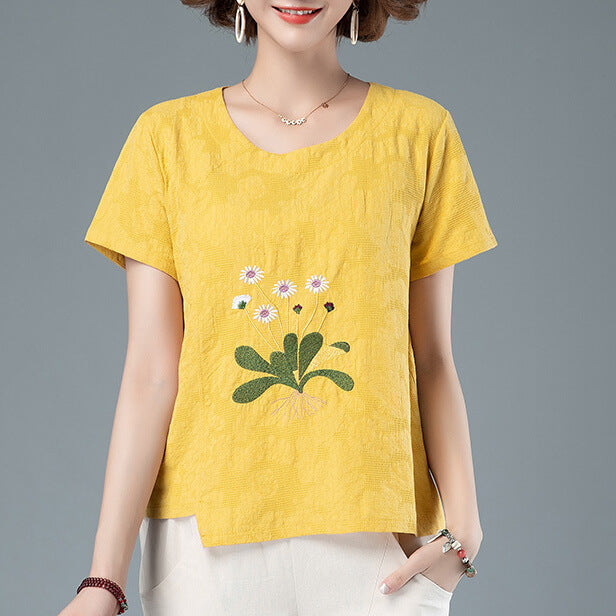 Women's Round Neck Embroidered Short Sleeved Jacquard Shirt - AIGC-DTG