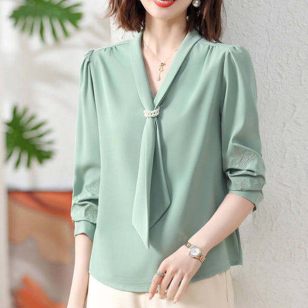 Women's Autumn Solid Color Long Sleeved Ribbon Collar Westernized Shirt - AIGC-DTG