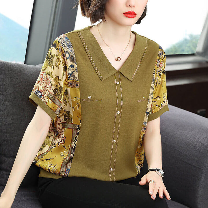 Women's Collar Patchwork Pattern Fashion T-Shirt Blouse - AIGC-DTG