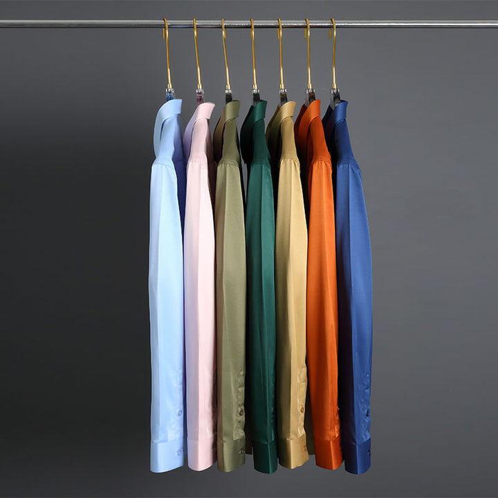 Elastic Silk Long Sleeve Dress Shirt for Men - Wrinkle-Free, Solid Color, Slim Fit Business Shirt - AIGC-DTG