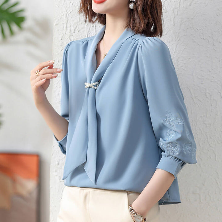 Women's Autumn Solid Color Long Sleeved Ribbon Collar Westernized Shirt - AIGC-DTG