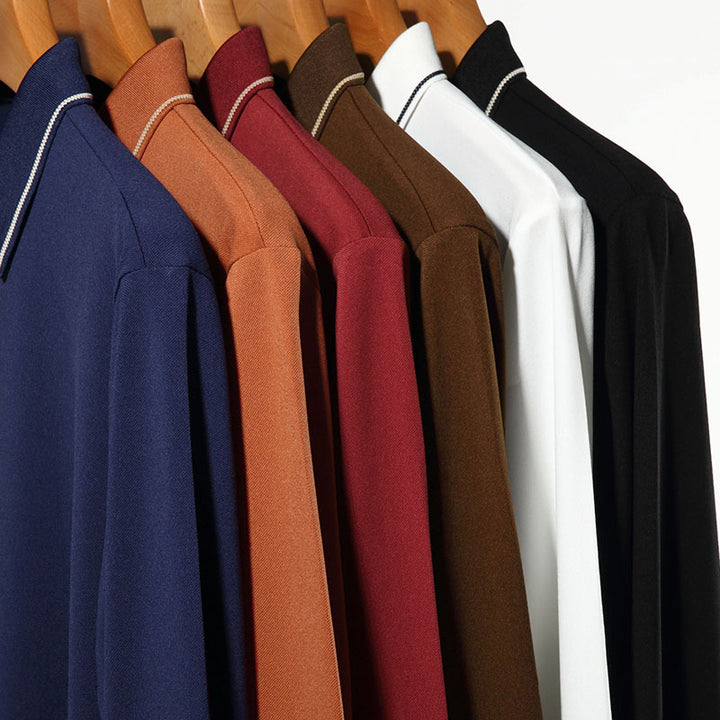 Autumn Men's Long Sleeve Polo Neckline Vertical Stripe Polo Shirt - AIGC-DTG