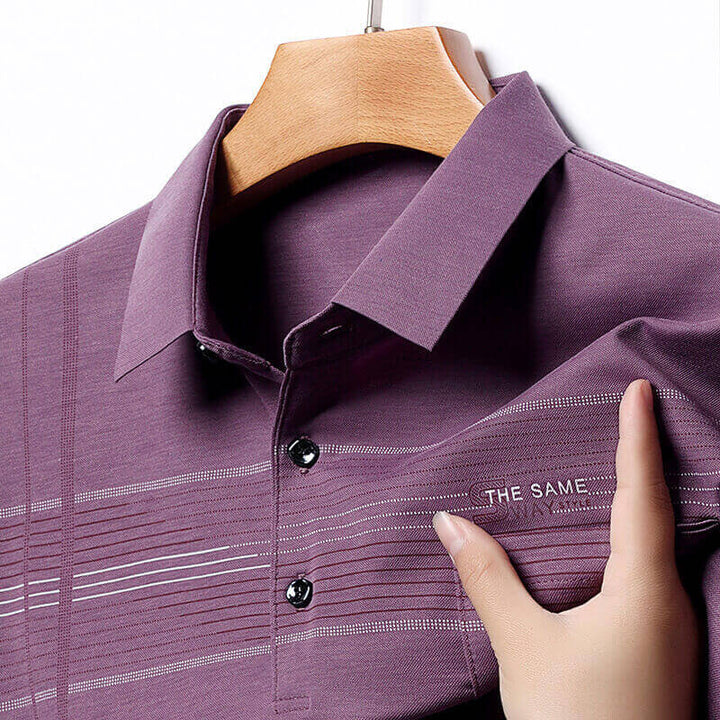 Men's Summer Ice Silk Lapel Casual Stripe Printed POLO Shirt - AIGC-DTG