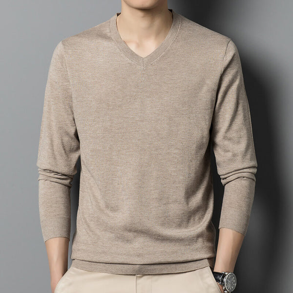 Men's Autumn Solid V-Neck Knitted Slim Fit Casual Long Sleeve Wool Sweater - AIGC-DTG