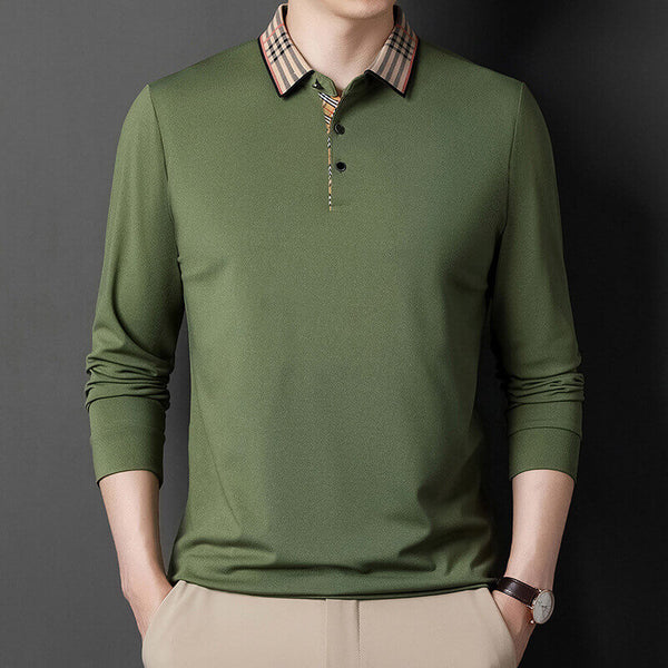 Men's Autumn Long Sleeved Plaid Lapel Versatile Polo Shirt - AIGC-DTG