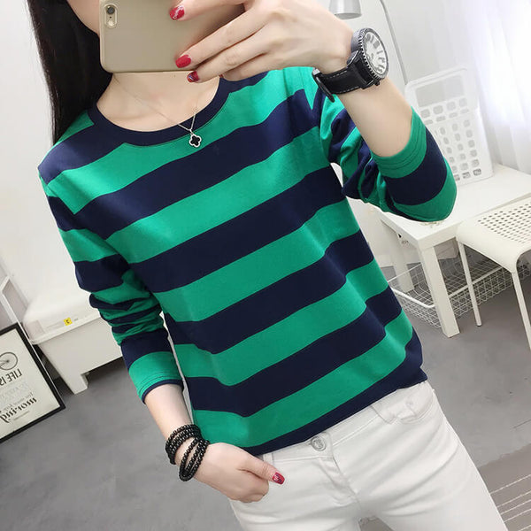 Women's Stripe Versatile Cotton Long Sleeve Sweatshirt - AIGC-DTG