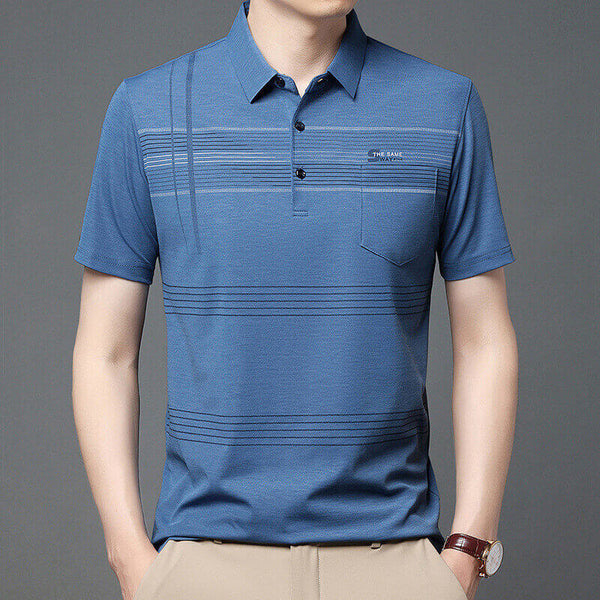 Men's Summer Ice Silk Lapel Casual Stripe Printed POLO Shirt - AIGC-DTG