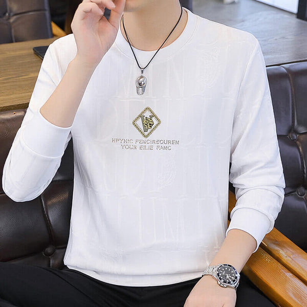 Men's Long Sleeve Round Neck Diamond Jacquard Top- Casual, Fashionable and Versatile - AIGC-DTG