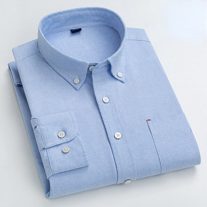 Men's Cotton Oxford Shirt with Pocket - Long Sleeve Business & Casual - AIGC-DTG