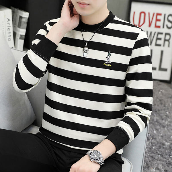 Men's Striped Versatile Embroidered Long Sleeve Sweatshirt - AIGC-DTG
