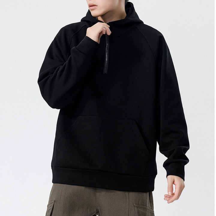 Men's Cotton Heavyweight Hoodie Solid Color Zipper Hooded Sweatshirt - AIGC-DTG