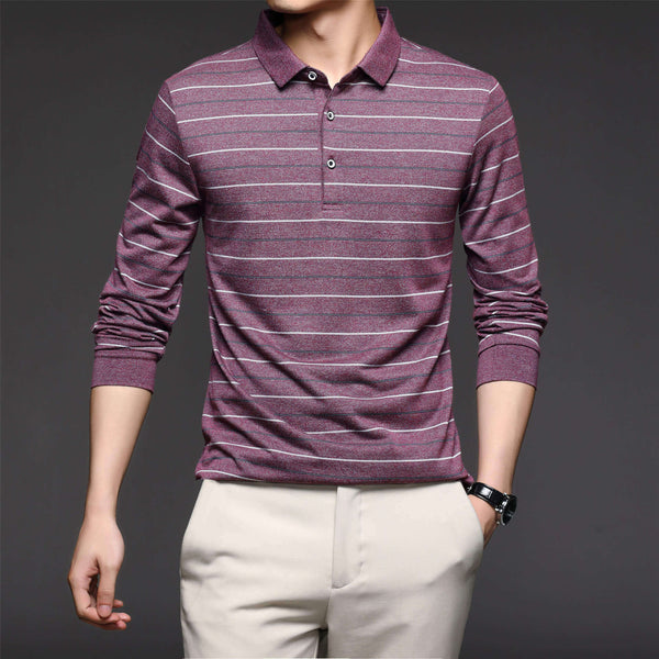 Men's Cotton Blend Long Sleeve Striped Polo T-shirt - AIGC-DTG