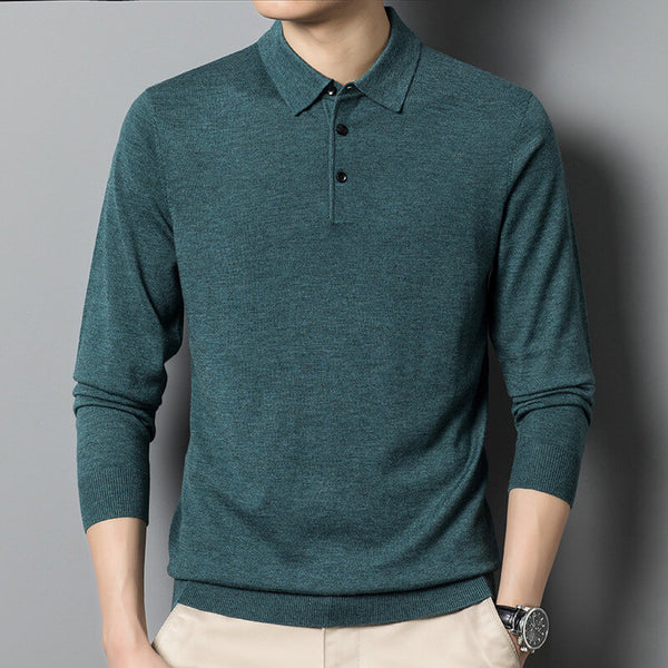 Men's Autumn Solid Polo Knit Slim Fit Casual Long Sleeve Wool Sweater - AIGC-DTG
