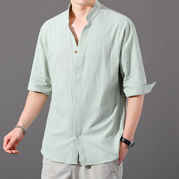 Men's Basic Solid Color Linen Shirt with Stand Collar and Three-Quarter Sleeves - AIGC-DTG
