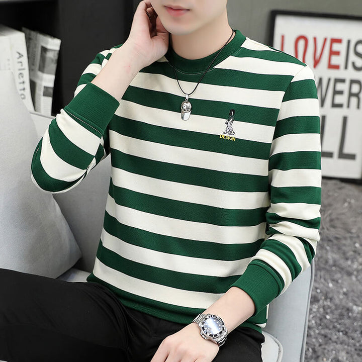 Men's Striped Versatile Embroidered Long Sleeve Sweatshirt - AIGC-DTG