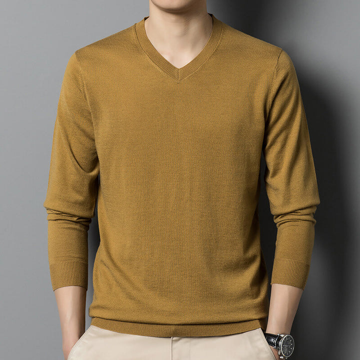 Men's Autumn Solid V-Neck Knitted Slim Fit Casual Long Sleeve Wool Sweater - AIGC-DTG