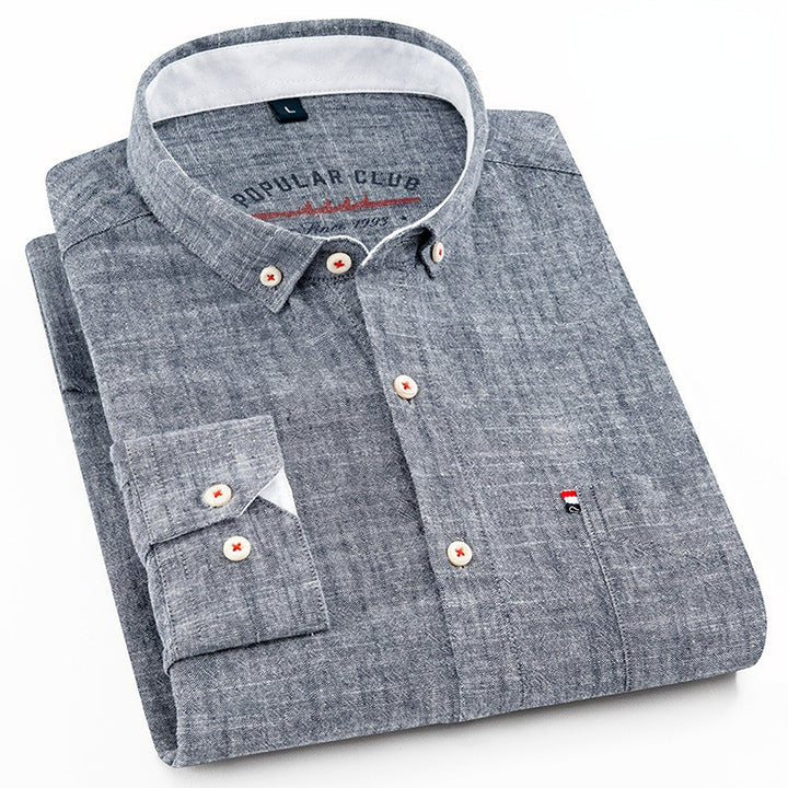 Men's Long Sleeve Cotton Linen Shirt with Natural Comfort and Pocket - AIGC-DTG