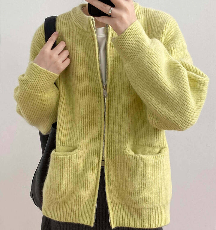 Solid Color Loose Knit Cardigan for Women with Dual Zippers and Pockets - AIGC-DTG