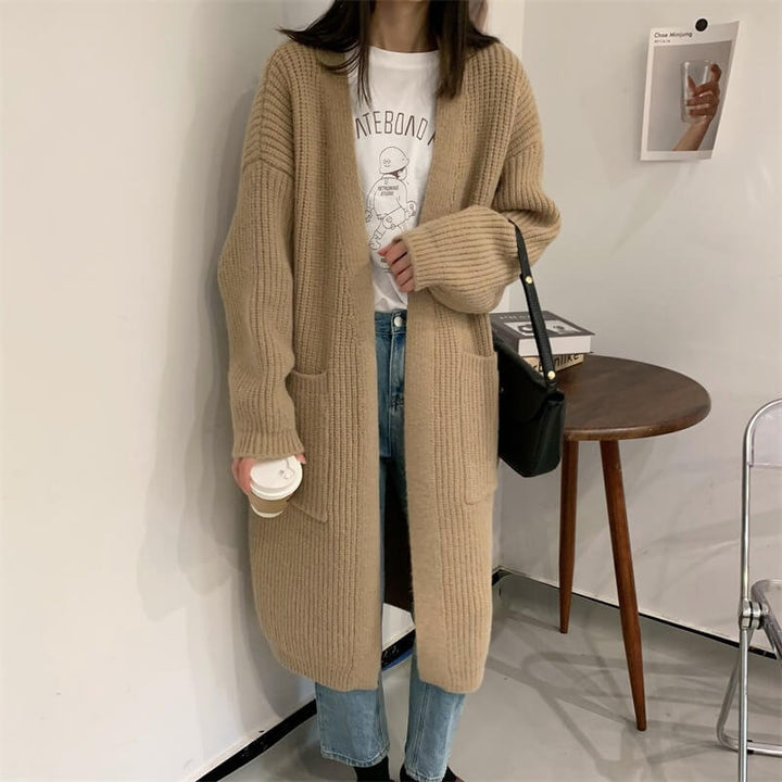 Chunky Knit Mid-Length Cardigan for Women - Loose-Fit Versatile Sweater Outerwear - AIGC-DTG