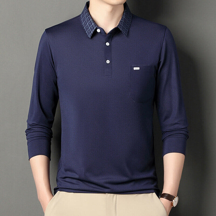 Men's New Long Sleeve Collar T-shirt Solid Color Polo Shirt with Pocket - AIGC-DTG