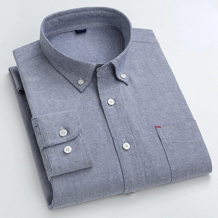 Men's Cotton Oxford Shirt with Pocket - Long Sleeve Business & Casual - AIGC-DTG