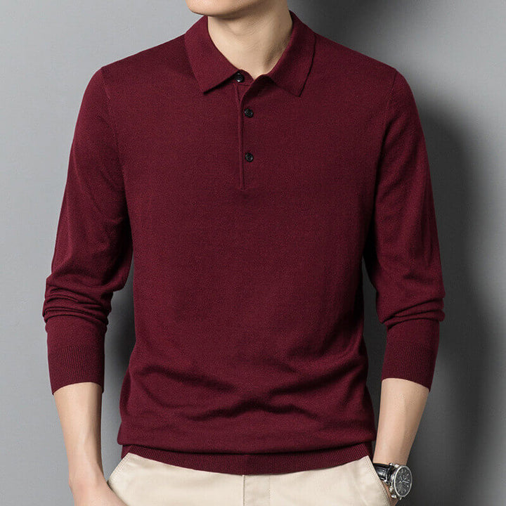 Men's Autumn Solid Polo Knit Slim Fit Casual Long Sleeve Wool Sweater - AIGC-DTG