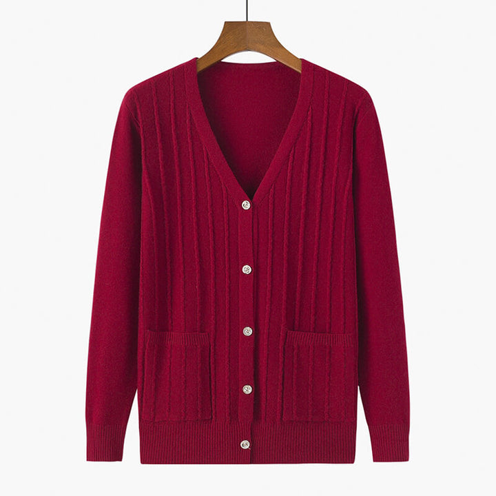 Solid Color V-Neck Cardigan Sweater - Knitted Cable Sweater - AIGC-DTG