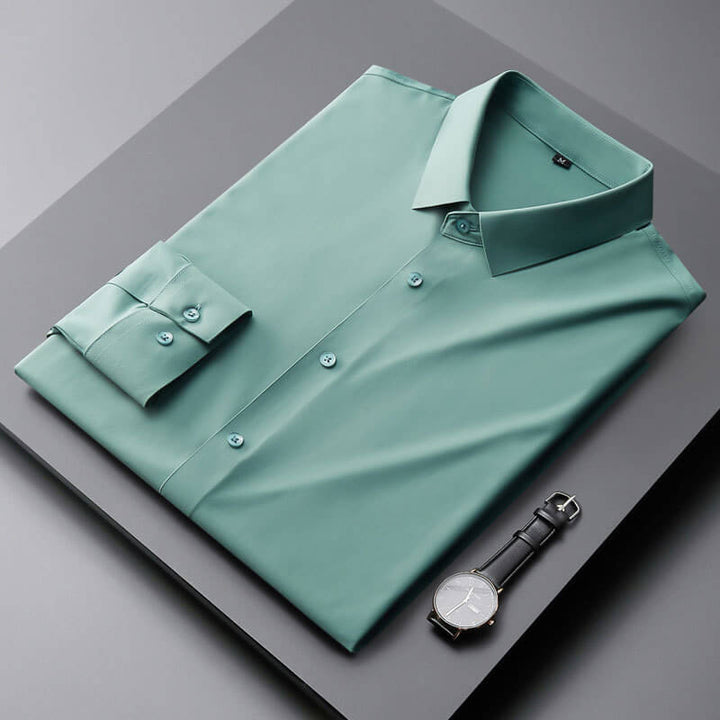 High-Stretch Solid Men's Long-Sleeve Shirt - Seamless Bonding Casual Dress Shirt - AIGC-DTG