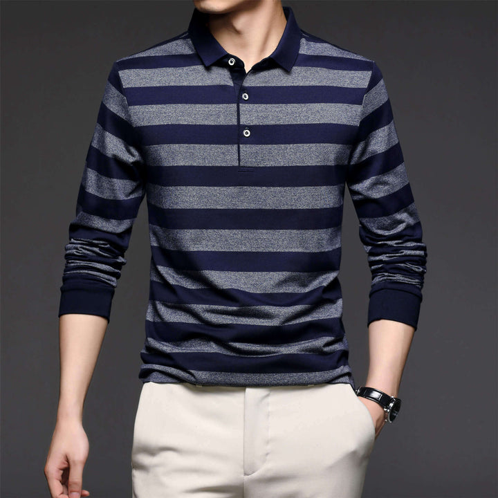 Men's Cotton Blend Long Sleeve Striped Polo T-shirt - AIGC-DTG