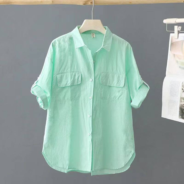 Women's Summer Cotton Short Sleeved Solid Color Pocket Polo Shirt - AIGC-DTG