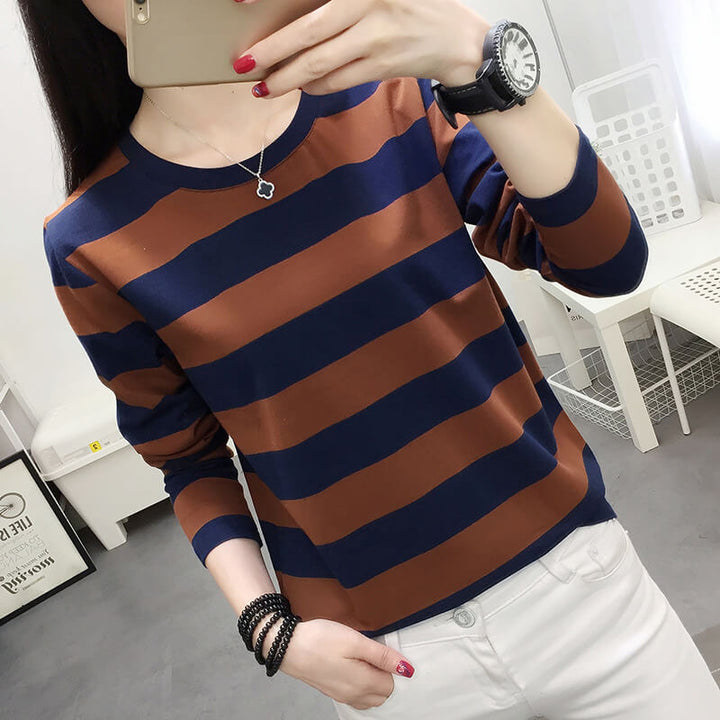 Women's Stripe Versatile Cotton Long Sleeve Sweatshirt - AIGC-DTG