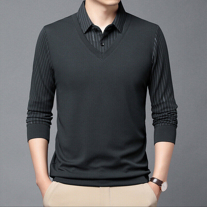 Autumn Men's Long Sleeved Casual Striped Fake Two Piece T-shirt - AIGC-DTG