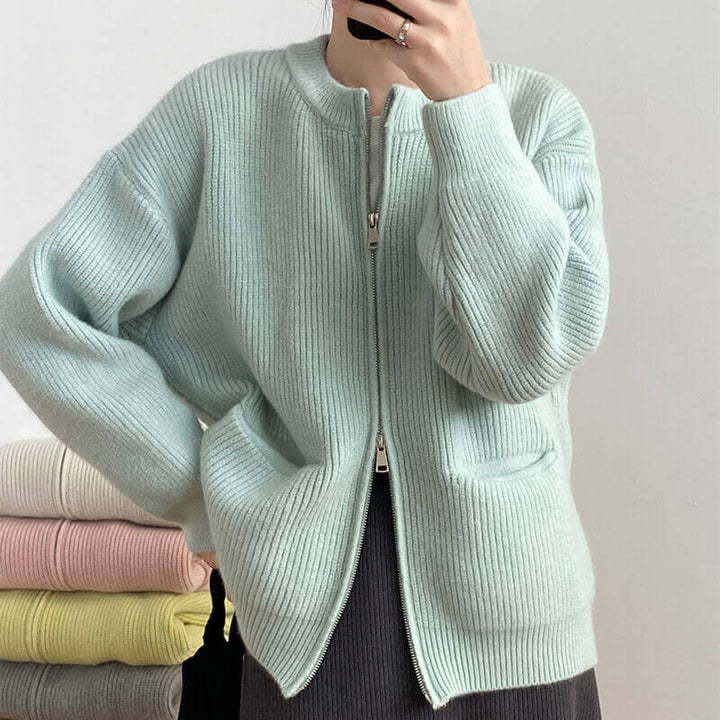 Solid Color Loose Knit Cardigan for Women with Dual Zippers and Pockets - AIGC-DTG