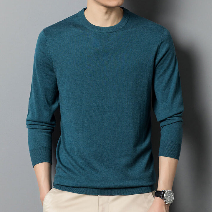 Men's Autumn Solid Round Neck Knitted Slim Fit Casual Long Sleeve Wool Sweater - AIGC-DTG