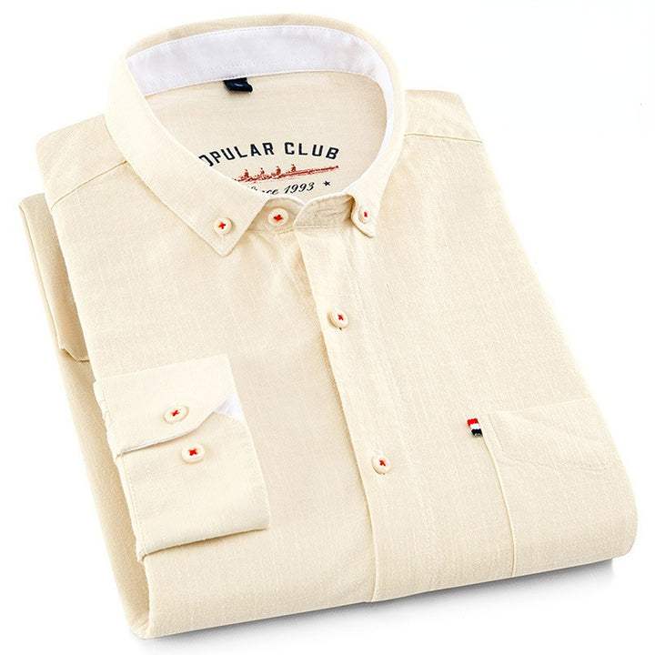 Men's Long Sleeve Cotton Linen Shirt with Natural Comfort and Pocket - AIGC-DTG