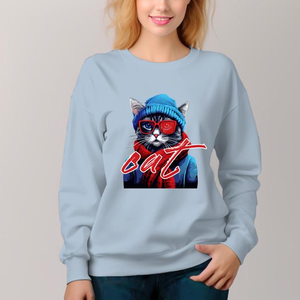 Women's  Crew Neck Pullover Cozy Clothes Autumn Winter-Cool Cat Print - AIGC-DTG