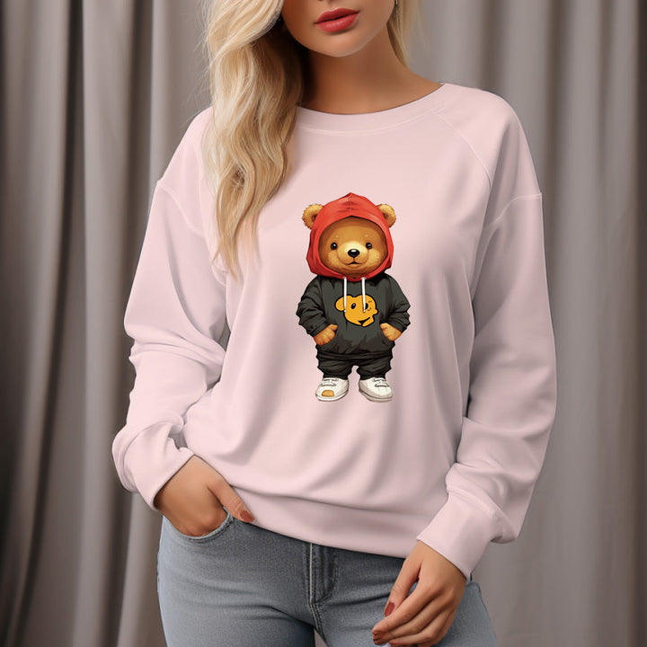 Women's Doll Bear Pattern Crew Neck Pullover Cozy Clothes Autumn Winter - AIGC-DTG